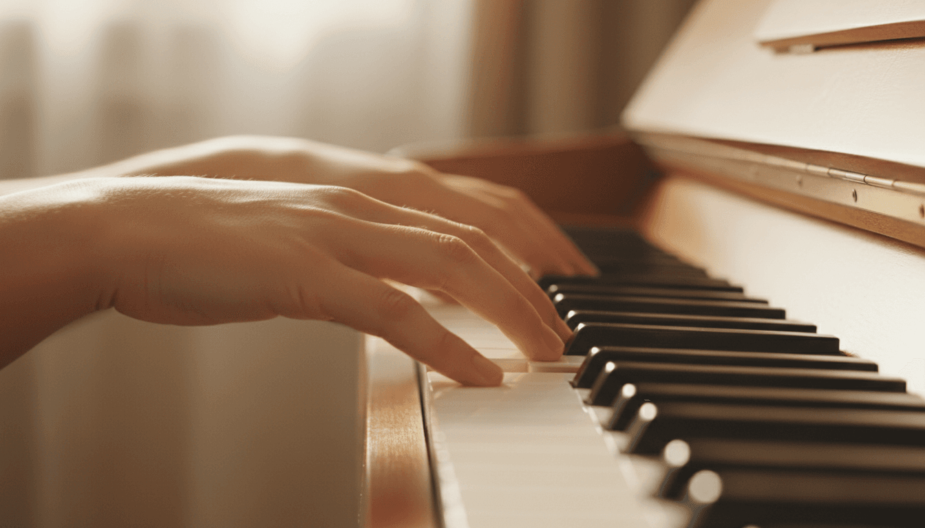Close-up of hands learning piano, soft morning light on white keys
