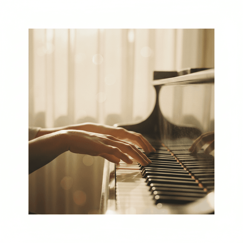 Hands positioned on piano keys with warm natural lighting